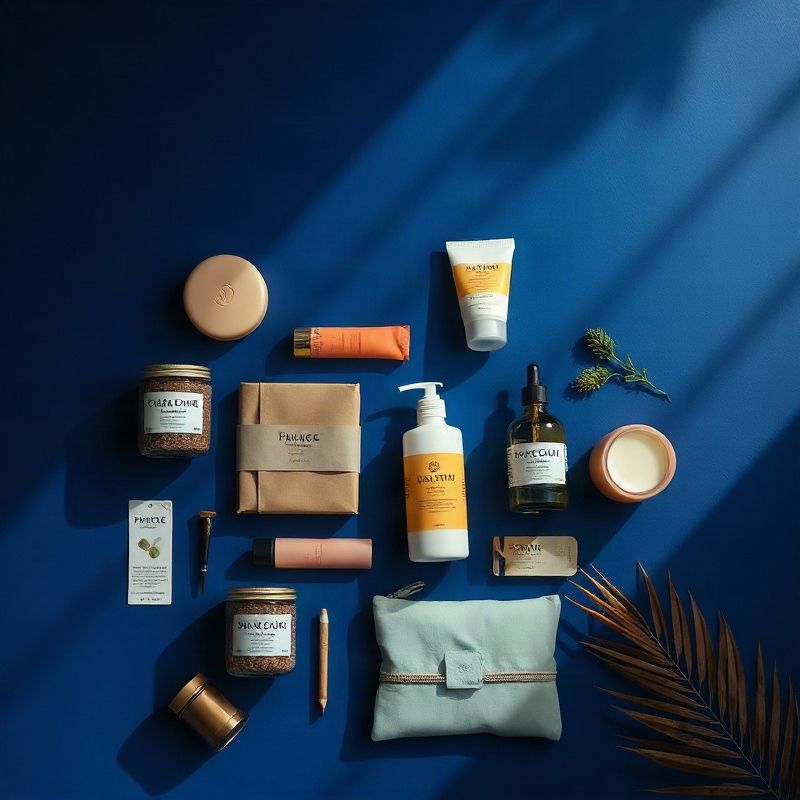 Produtos selecionados dispostos em superfície índigo